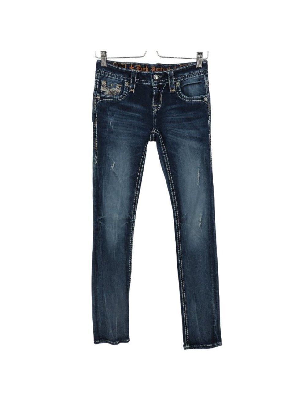 Rock Revival Women 25 Pilkin Straight Blue Distressed Rhinestone Denim Jeans